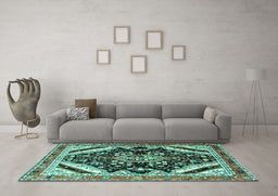 Machine Washable Persian Turquoise Traditional Area Rugs in a Living Room,, wshtr1266turq