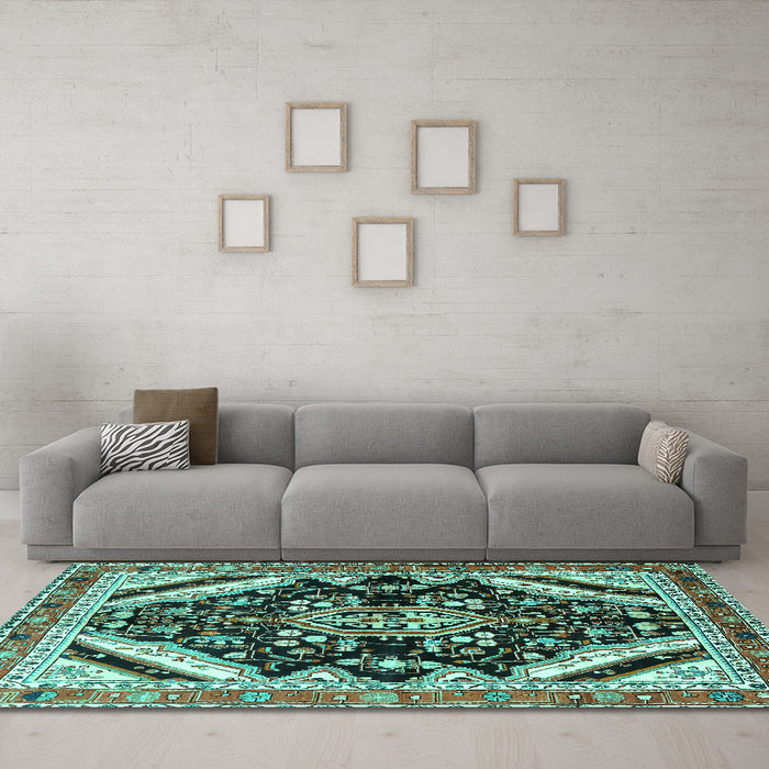 Machine Washable Persian Turquoise Traditional Area Rugs in a Living Room,, wshtr1266turq