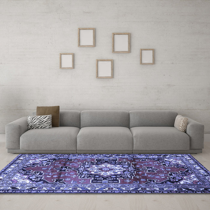 Machine Washable Medallion Blue Traditional Rug in a Living Room, wshtr1268blu