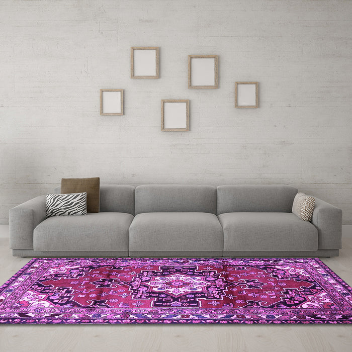 Machine Washable Medallion Purple Traditional Area Rugs in a Living Room, wshtr1268pur