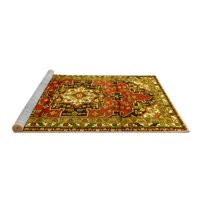 Sideview of Machine Washable Medallion Yellow Traditional Rug, wshtr1268yw