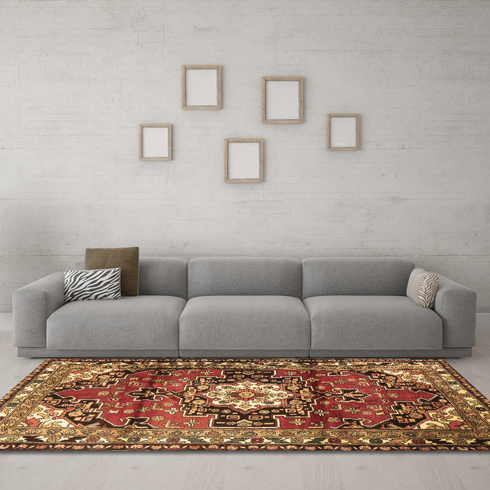 Machine Washable Medallion Brown Traditional Rug in a Living Room,, wshtr1268brn
