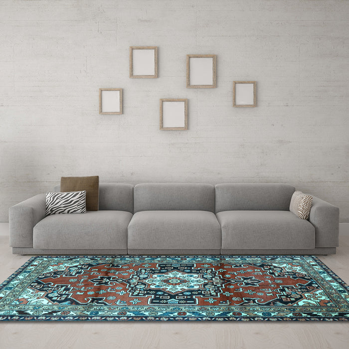 Machine Washable Medallion Light Blue Traditional Rug in a Living Room, wshtr1268lblu