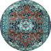 Round Machine Washable Medallion Light Blue Traditional Rug, wshtr1268lblu