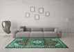 Machine Washable Medallion Turquoise Traditional Area Rugs in a Living Room,, wshtr1268turq