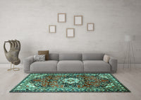 Machine Washable Medallion Turquoise Traditional Rug, wshtr1268turq