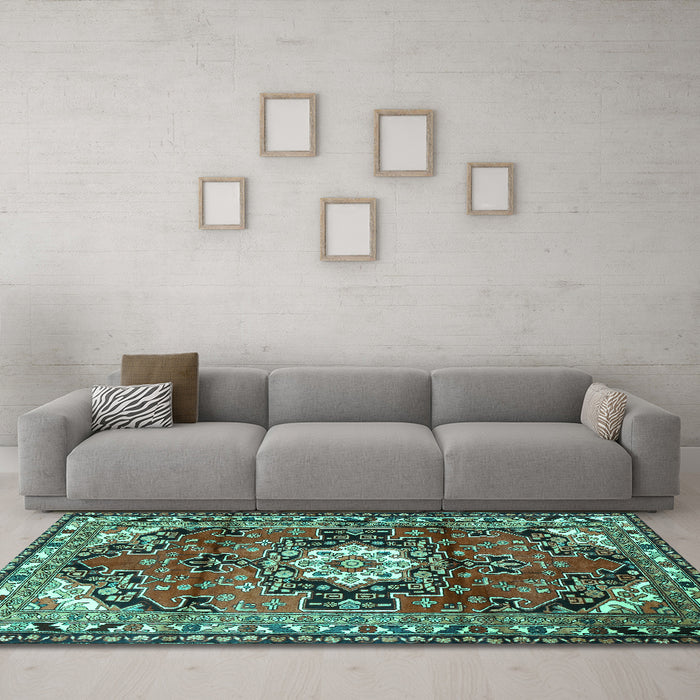 Machine Washable Medallion Turquoise Traditional Area Rugs in a Living Room,, wshtr1268turq