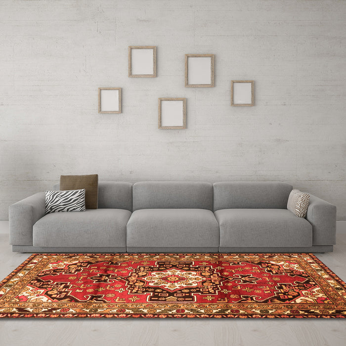 Machine Washable Medallion Orange Traditional Area Rugs in a Living Room, wshtr1268org