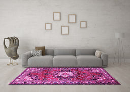 Machine Washable Medallion Pink Traditional Rug in a Living Room, wshtr1268pnk