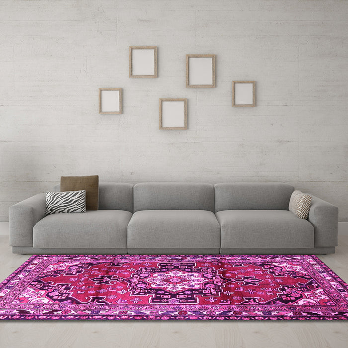 Machine Washable Medallion Pink Traditional Rug in a Living Room, wshtr1268pnk