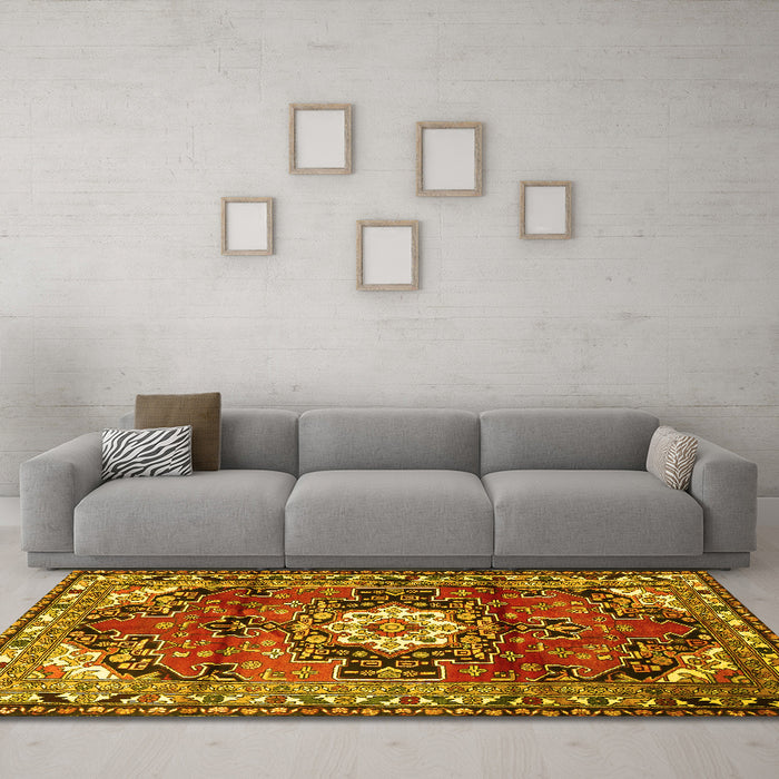Machine Washable Medallion Yellow Traditional Rug in a Living Room, wshtr1268yw