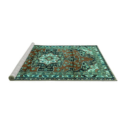 Sideview of Machine Washable Medallion Turquoise Traditional Area Rugs, wshtr1268turq