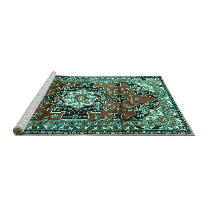 Sideview of Machine Washable Medallion Turquoise Traditional Area Rugs, wshtr1268turq