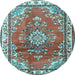 Round Machine Washable Medallion Light Blue Traditional Rug, wshtr1270lblu