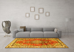 Machine Washable Medallion Yellow Traditional Rug in a Living Room, wshtr1270yw