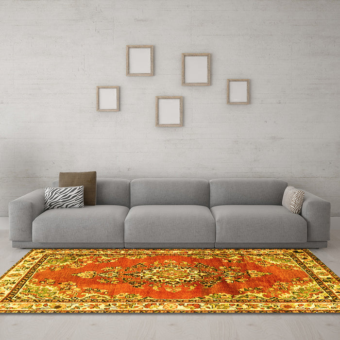 Machine Washable Medallion Yellow Traditional Rug in a Living Room, wshtr1270yw