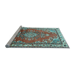 Sideview of Machine Washable Medallion Light Blue Traditional Rug, wshtr1270lblu
