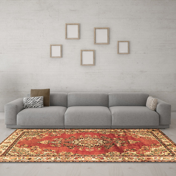 Machine Washable Medallion Brown Traditional Rug in a Living Room,, wshtr1270brn