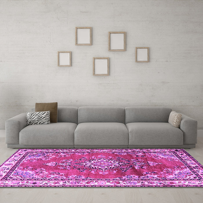 Machine Washable Medallion Purple Traditional Area Rugs in a Living Room, wshtr1270pur
