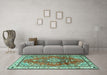 Machine Washable Medallion Turquoise Traditional Area Rugs in a Living Room,, wshtr1270turq