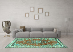 Machine Washable Medallion Turquoise Traditional Area Rugs in a Living Room,, wshtr1270turq