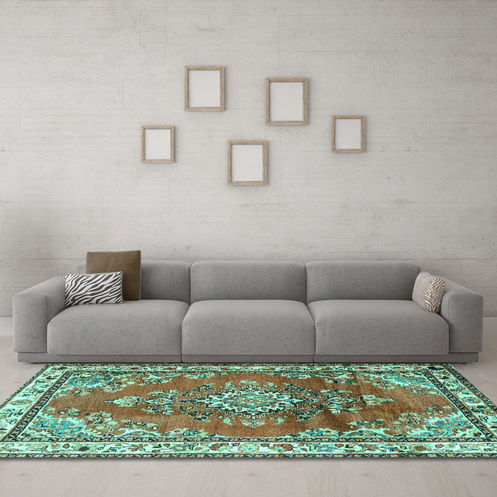 Machine Washable Medallion Turquoise Traditional Area Rugs in a Living Room,, wshtr1270turq