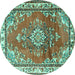 Round Machine Washable Medallion Turquoise Traditional Area Rugs, wshtr1270turq