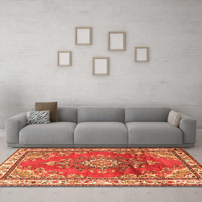 Machine Washable Medallion Orange Traditional Area Rugs in a Living Room, wshtr1270org