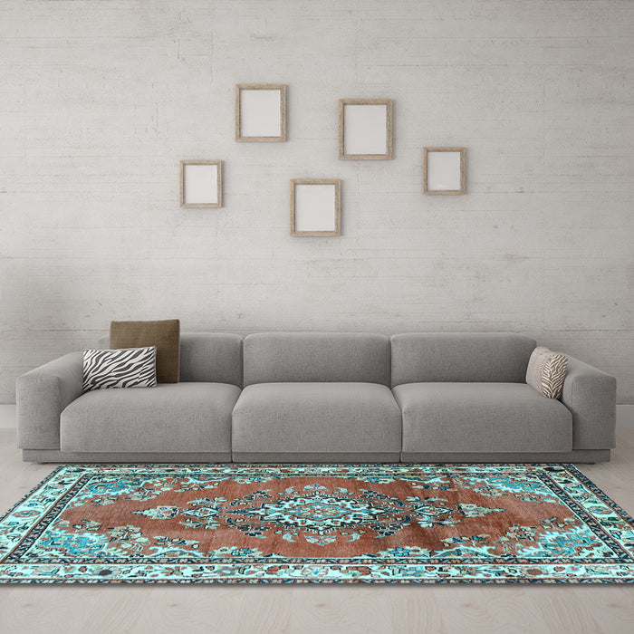 Machine Washable Medallion Light Blue Traditional Rug in a Living Room, wshtr1270lblu