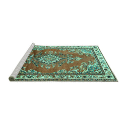 Sideview of Machine Washable Medallion Turquoise Traditional Area Rugs, wshtr1270turq