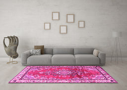 Machine Washable Medallion Pink Traditional Rug in a Living Room, wshtr1270pnk