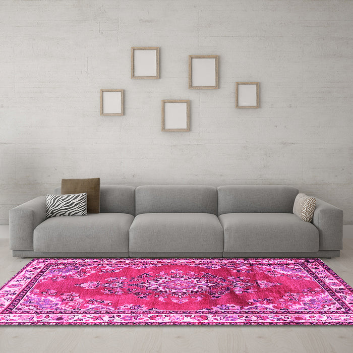 Machine Washable Medallion Pink Traditional Rug in a Living Room, wshtr1270pnk