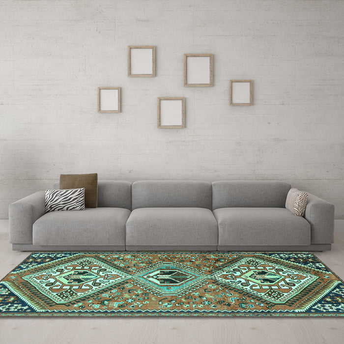 Machine Washable Persian Turquoise Traditional Area Rugs in a Living Room,, wshtr1271turq