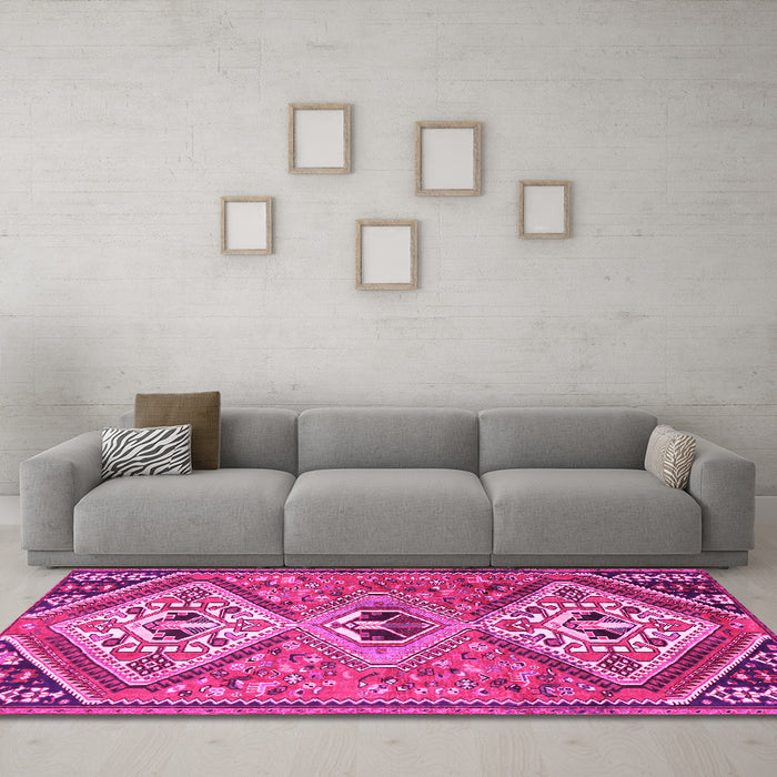 Machine Washable Persian Pink Traditional Rug in a Living Room, wshtr1271pnk