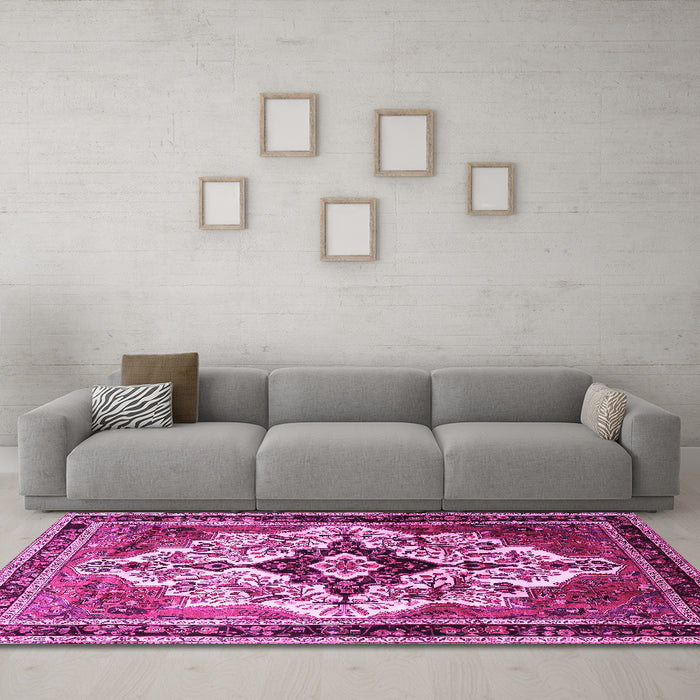 Machine Washable Persian Pink Traditional Rug in a Living Room, wshtr1274pnk