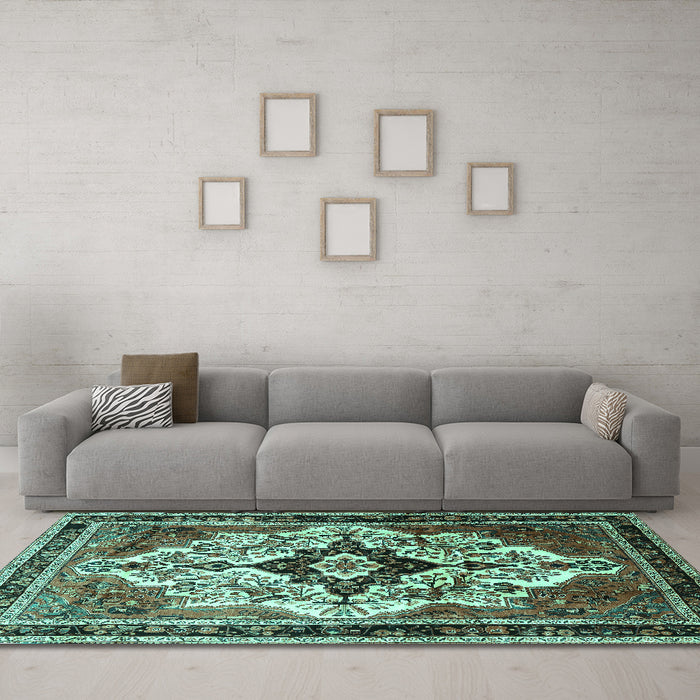 Machine Washable Persian Turquoise Traditional Area Rugs in a Living Room,, wshtr1274turq