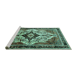 Sideview of Machine Washable Persian Turquoise Traditional Area Rugs, wshtr1274turq