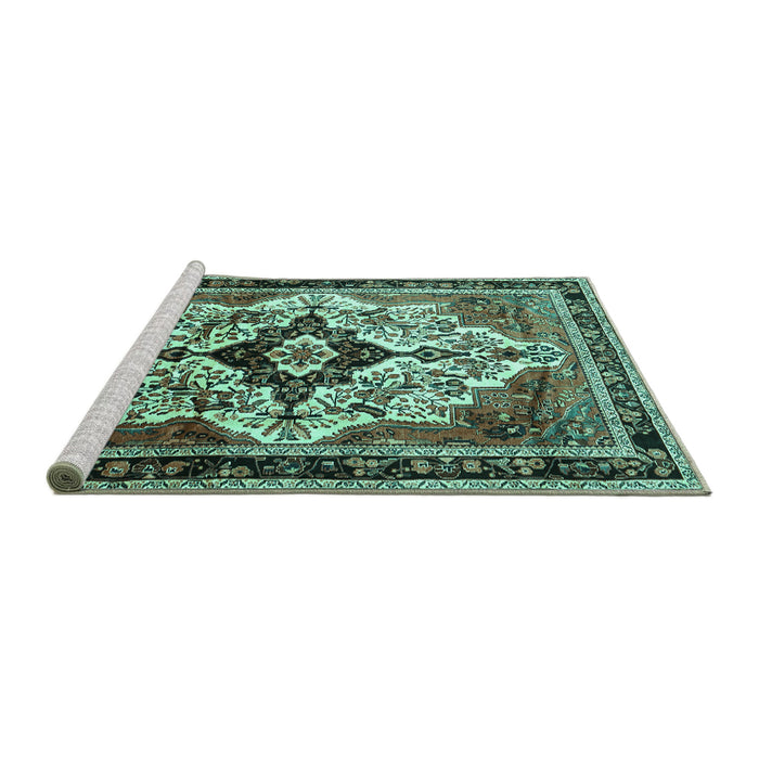 Sideview of Machine Washable Persian Turquoise Traditional Area Rugs, wshtr1274turq