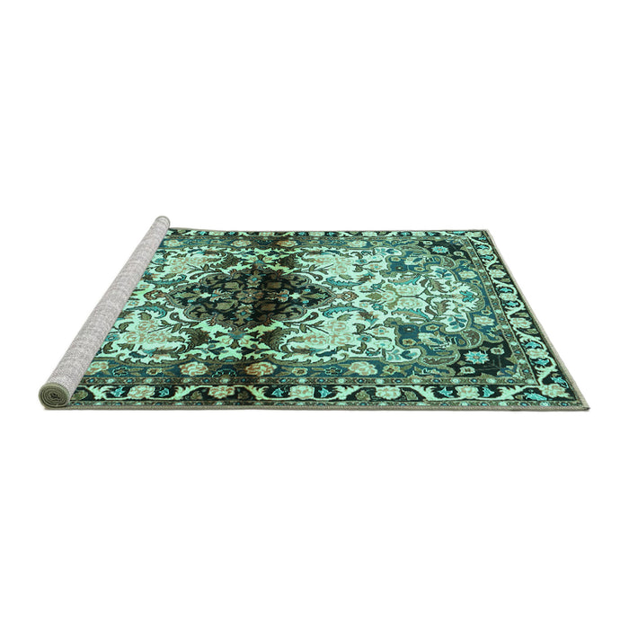 Sideview of Machine Washable Persian Turquoise Traditional Area Rugs, wshtr1276turq