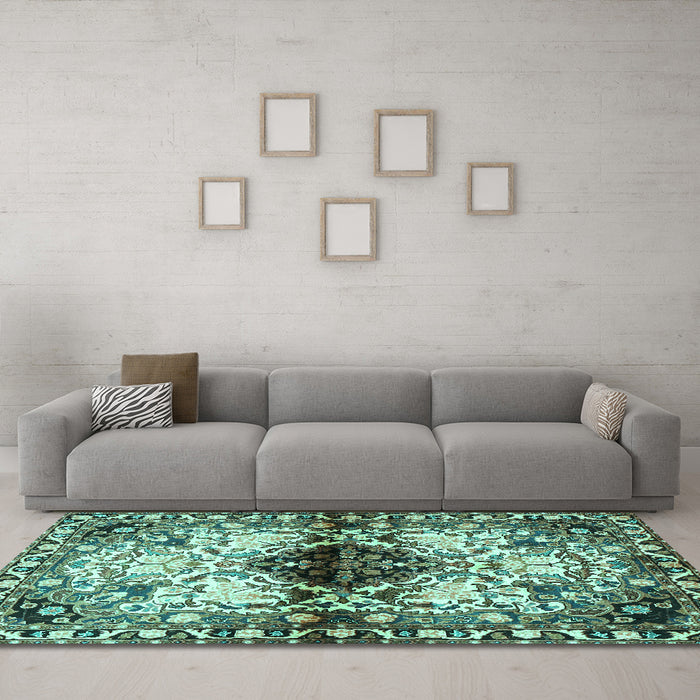 Machine Washable Persian Turquoise Traditional Area Rugs in a Living Room,, wshtr1276turq