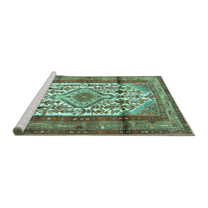 Sideview of Machine Washable Persian Turquoise Traditional Area Rugs, wshtr1277turq