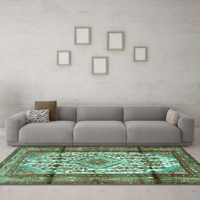 Machine Washable Persian Turquoise Traditional Area Rugs in a Living Room,, wshtr1277turq