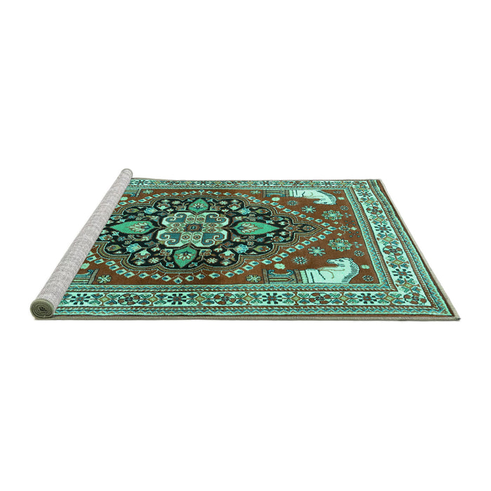 Sideview of Machine Washable Persian Turquoise Traditional Area Rugs, wshtr1279turq