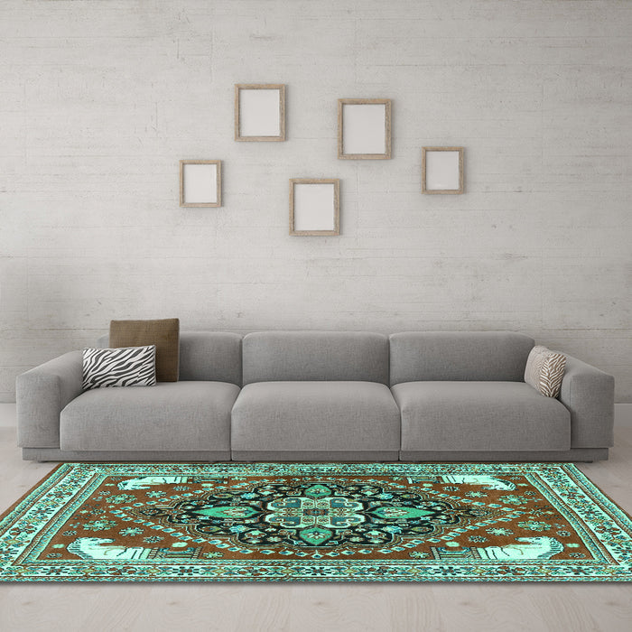 Machine Washable Persian Turquoise Traditional Area Rugs in a Living Room,, wshtr1279turq