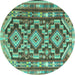 Round Machine Washable Southwestern Turquoise Country Area Rugs, wshtr1285turq