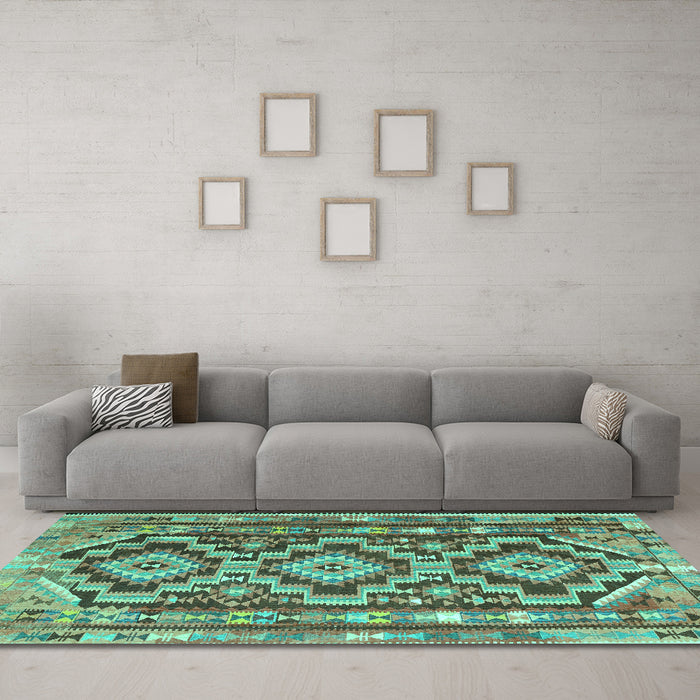 Machine Washable Southwestern Turquoise Country Area Rugs in a Living Room,, wshtr1285turq