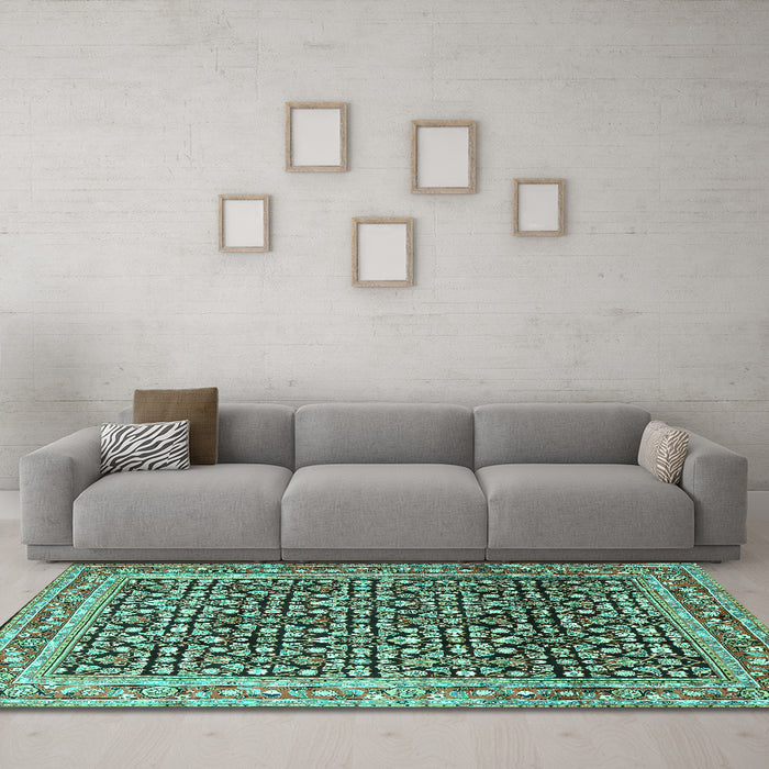 Machine Washable Persian Turquoise Traditional Area Rugs in a Living Room,, wshtr1286turq