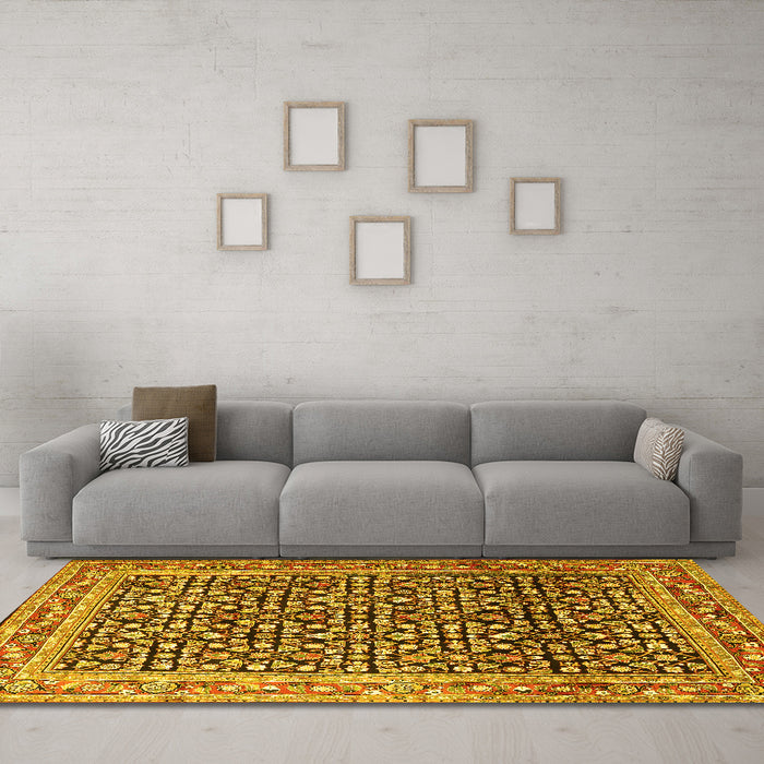 Machine Washable Persian Yellow Traditional Rug in a Living Room, wshtr1286yw