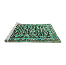 Sideview of Machine Washable Persian Turquoise Traditional Area Rugs, wshtr1286turq