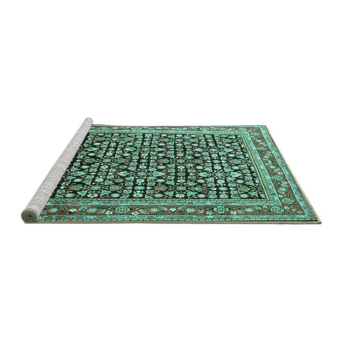 Sideview of Machine Washable Persian Turquoise Traditional Area Rugs, wshtr1286turq
